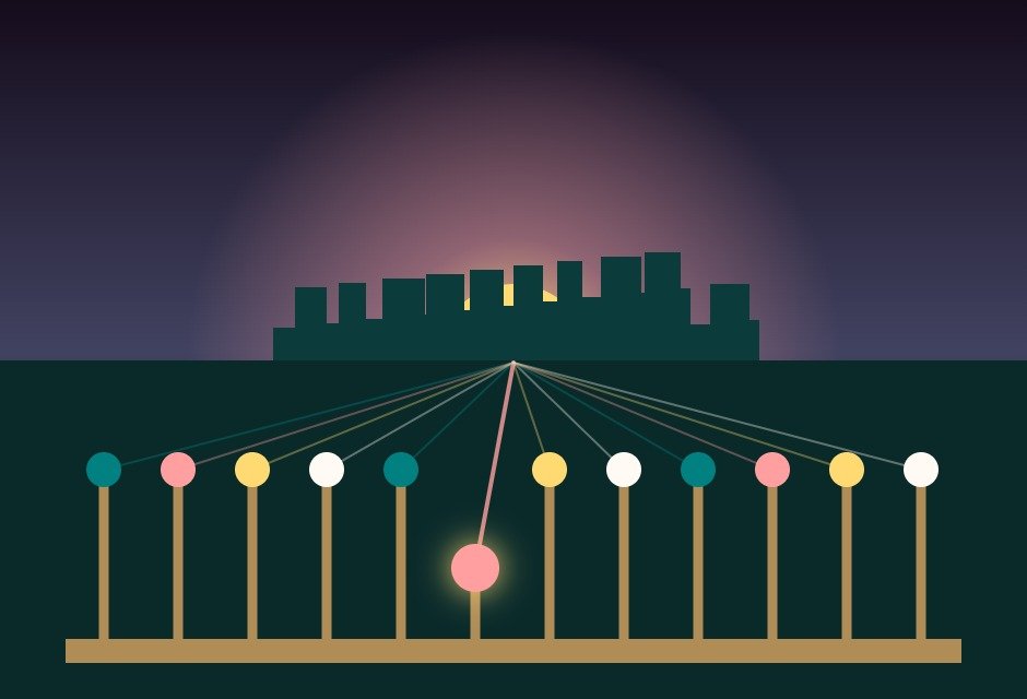 Twelve glowing levers lighting different paths toward a sunrise, representing the 12 types of digital marketing